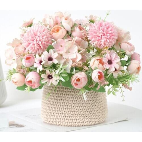 Artificial Flowers Rose Peony Flower Bonsai bouquets Home Decor,Artificial Wedding Flowers Hydrangea Pompom Light Color Flowers