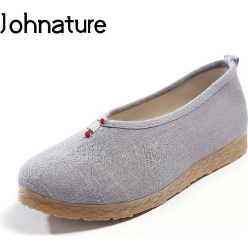 Johnature Cotton Shoes Casual Floral Slip-on Round Toe Solid New Spring/Autumn Flats String Bead National Style Women Shoes