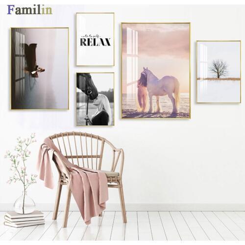 Modern Nordic Refresh Feather Letters Canvas Paintings Landscape Poster Back of Girl Print Wall Art Pictures Bedroom Décor