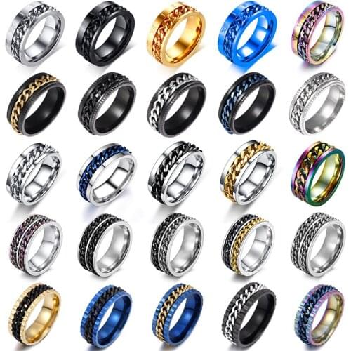 Fashion 8mm Stainless Steel Black Blue Spinner Rotatable Chain Rings For Men Women Charm Wedding Band High-Quality Party Gifts
