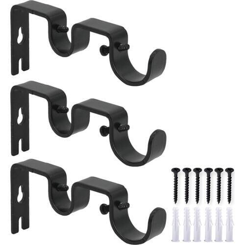 ELEG-3Pcs/Set Curtain Rod Brackets Heavy Duty Double Rod Holders Durable Metal Curtain Rod Wall Brackets with Screw Black