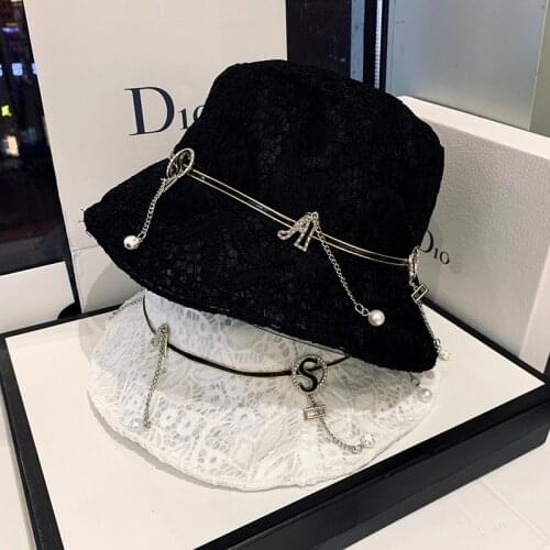 Lace Bucket Hat for Women with Stone Letters Chain 2021 New Summer Wommer Hats INS Sun Cap Visors Custom Fishing Designer Hat