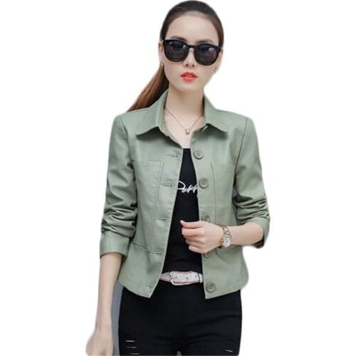 Faux Leather Coat Women Black Green 3XL 4XL Plus Size 2021 Spring Autumn New Korean Fashion Short Slim Lapel Moto Jacket LD1105