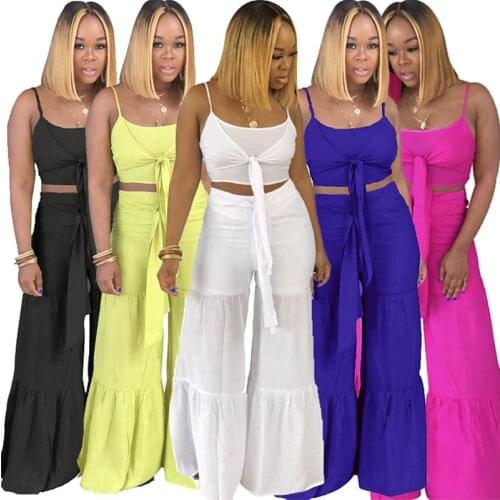 Summer Fashion Two Piece Set Spaghetti Strap Bandage Sleeveless Crop Top And Long Wide Leg Casual Matching Set S-XXL