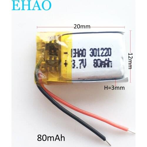 3.7V 80mAh small size Lithium Polymer LiPo Rechargeable Battery For Mp3 PAD DVD E-book bluetooth headset headphone 301220