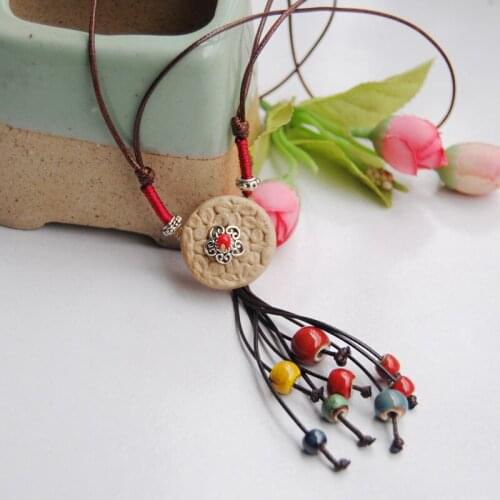 Statement Long Tassel Pendant Necklace For Women Ceramic Beads Strand Vintage Round Beads Necklaces Choker Vintage Jewelry