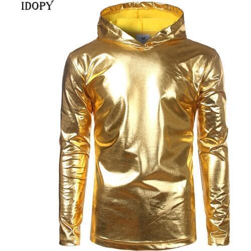 Idopy Fashion Mens Night Club Gold Sliver Long Sleeve Slim Fit T-shirt With Hoody Homme Coated Metallic Tee Hoodies