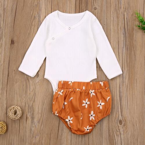 0-18M Infant Baby Girl Clothing 2021 Autumn White Solid Ribbed Long Sleeve Romper Top+Floral Print High Waist Shorts 2pcs Set