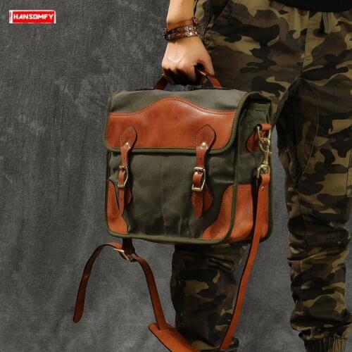 2021 New Men Shoulder Bag Laptop Briefcase Retro Messenger Bag Slung Handbag Oil Wax Canvas Stitching Vegetable Tanned Leather