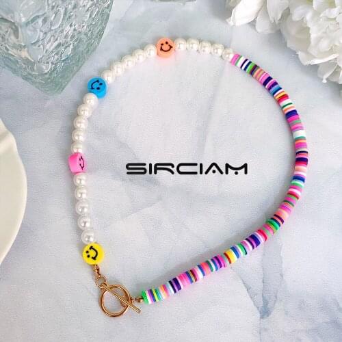 Korean Rainbow Smile Face Imitation Pearl Asymmetry Beaded Necklace For Women Soft Pottery Clay Bead Choker Summer Girls Jewelry