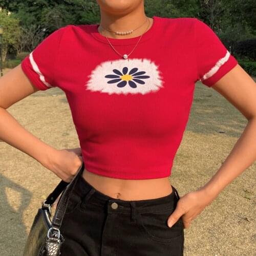 Printed Crop Top y2k Knitted T Shirt Harajuku Tee Top Short Sleeve Tshirt O Neck Pullovers Women Casual Cute Top 90S