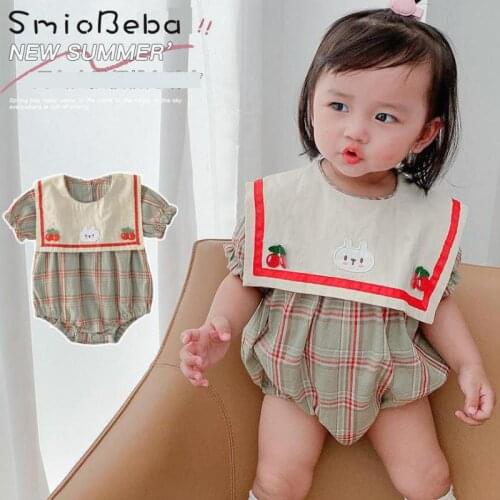 Baby Girls Enfant Overalls Rompers 0-2 Years Korean Lovely Lattice Cherry Prnted Lapel Short Sleeve Siamese Dress Plaid Jumpsuit