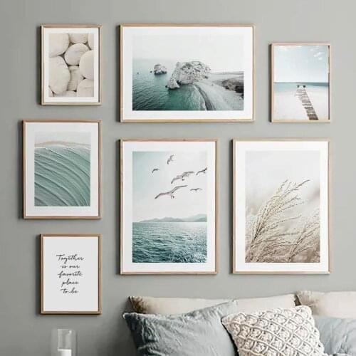 Nordic Blue Ocean Rock Seagull Poster Seascape Wall Art Canvas Painting Print Wall Picture for Living Room Home Decoration