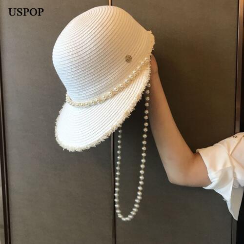 USPOP 2021 New summer hats for women wide brim pearl sun hats letter M straw hats raffia straw visor caps pearl beach hat