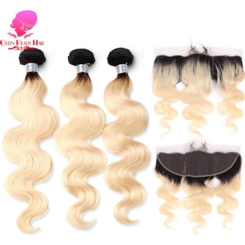 QUEENBEAUTY 1B 613 Dark Root Ombre Blonde Brazilian Body Wave 3 4 Bundles with Closure Remy Human Hair Bundle with Frontal