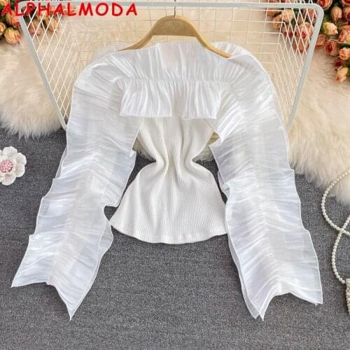 ALPHALMODA 2021 Autumn New pleated Ruffle Sleeve Women Trendy Slim Tshirt Black White Ladies Fashion Tee Tops