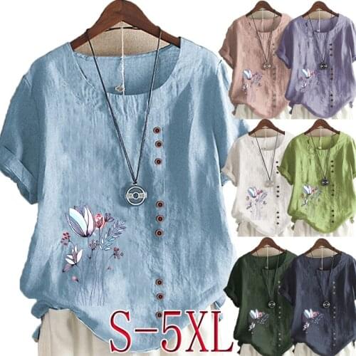 Womens Summer Fashion O-neck Floral Print Short Sleeve Top Loose Linen T-Shirt Casual Top S-5XL