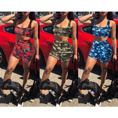 Wantmove Womens Camouflage Print Crop Tank Top Shorts sets Sexy Casual Sportswear Tracksuits 2 Piece Outfits for women AM037