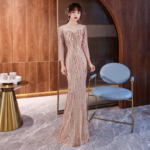Evening Dress Beads O-Neck Fashion Full Sleeves Floor-Length Zipper Back Sequins Mermaid Plus size Women Formal Party Gown C1065