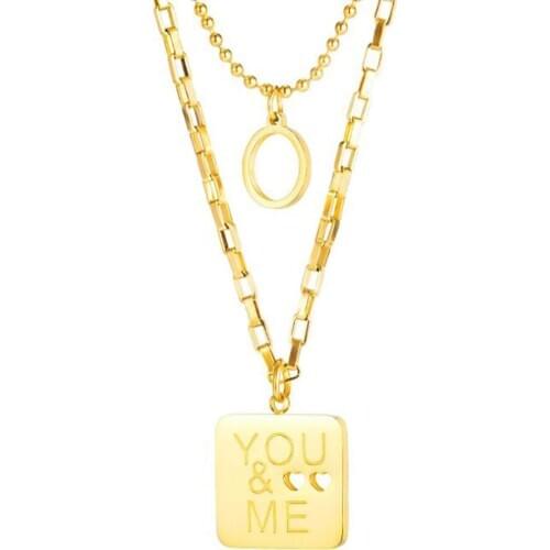 Stainless Steel Gold Tag Engrave You and Me Lovers Pendant Necklace Women Minimalism Multilayer Letter Necklaces Gift For Him