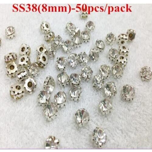 50pcs SS38 8mm Glass Stones Silver Base Flatback Claw Rhinestones Clear Crystal Sew On Rhinestones DIY Garment Findings T05