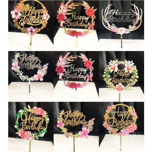 Colored Flowers Happy Birthday Cake Topper Birthday Dessert Party Decoration For Baby Shower Baking Supplies fêtes d'anniversai