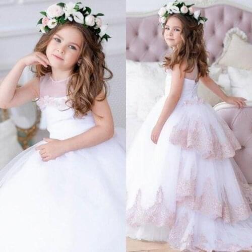 Kids Flower Girl Dresses For Wedding 2020 Junior GIrls Champagne Lace Baby Princess First Communion Tutu Girls Pageant Gowns