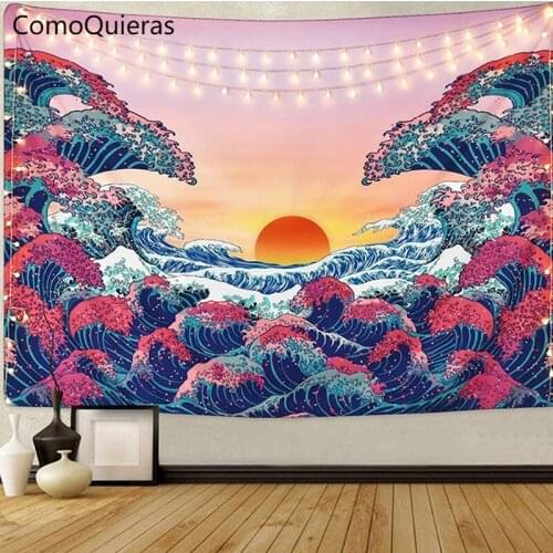 Japanese Style Oil Painting Tapestry Sunrise Wave Room Hanging Cloth Mandala Mural Bedroom Decor Black White Skull Tapestries