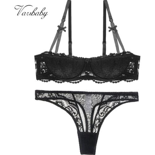 Varsbaby Sexy Lace Floral Half Cup Thin Underwear Gather Women Bra+Thong 2Pcs Lingerie Sets