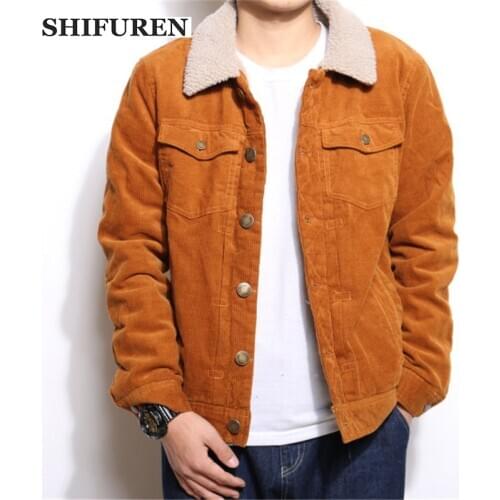 SHIFUREN Winter Mens Casual Corduroy Jackets Turn Down Collar Thicken Warm Fleece Linned Jacket Single Breasted Outerwear Coats