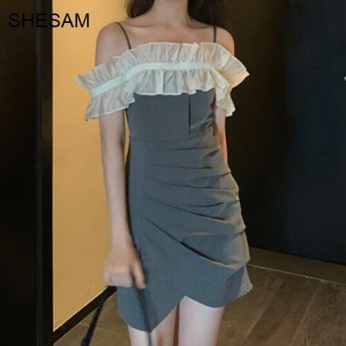 Summer Dress 2021 New Korean Style Slim Waist and Foreign Style One Line Collar Stitching Irregular Dress Female Student