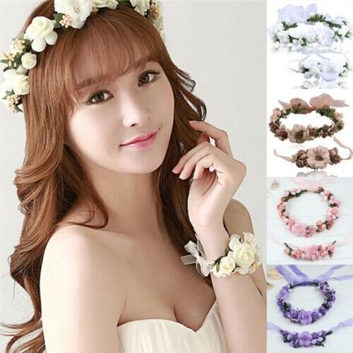 Fashion Women Wedding Bridal Flower Tiara Wreath Headbands Floral Wreath Crowns Garland+ Bracelet Beach Wreath Party Headdress