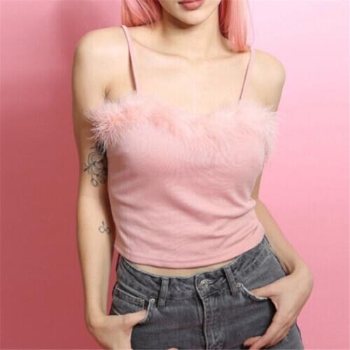 Fashion Sexy Pink Crop Top Ladies Camisloe Feather Patch Crop Tops Sleeveless Vest Shirt Casual Suspenders Short Top For Women