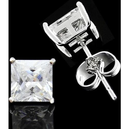 WOW Mens 10mm Square Big CZ Clear Stone White Gold GP Pair Stud Earrings