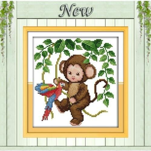 A baby monkey bird leaves decor painting counted printe on canvas DMC Sets 11CT 14CT DIY needlework embroidery Cross Stitch kits