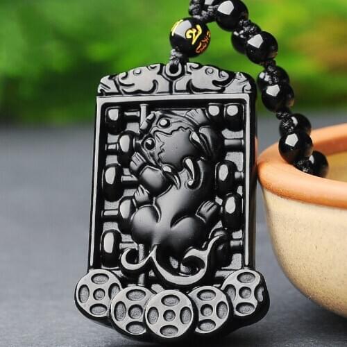 Natural Black Obsidian Money Pixiu Jade Pendant Necklace Chinese Hand-Carved Fashion Jewelry Accessories Amulet for Men Women