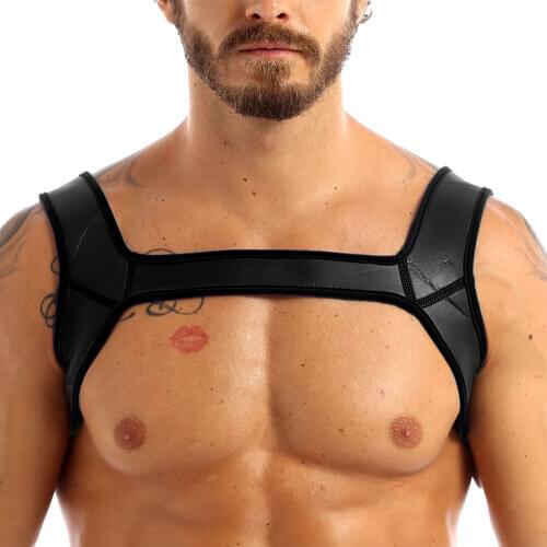 IEFiEL Mens Guys Neoprene Shoulder Wide Straps Harness Belt Muscles Protector Role Clubwear Cosplay Party Costume Bondage Strap