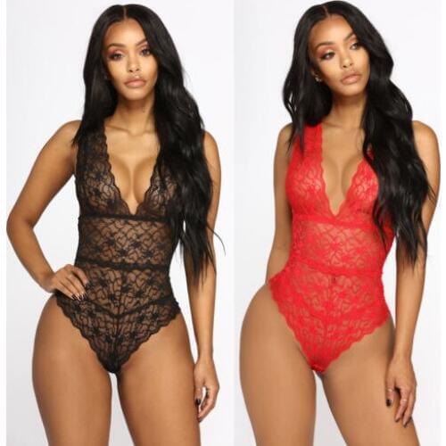 NEW 2020 Women Sexy Lace Up Bandage Print Bodysuit Leotard Lingerie V-Neck Sleeveless Romper Tops Splicing Mesh Jumpsuit