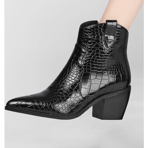 Pointed Thick Heel Western Boots Product Embossed Crocodile Pattern Short Boots Stone Texture Autumn Winter Womens Short Boots