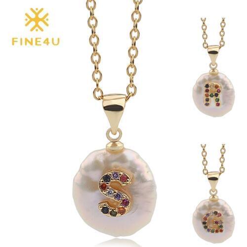 FINE4U N501 Initial Alphabet A-Z Letters Natural Freshwater Pearl Pendant Necklace Stainless Steel Choker Necklace Birthday Gift