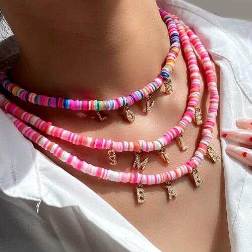 Korea Rhinestone Letter Clay Beaded Necklace For Women Colorful Handmade Bead Initial Choker Custom Necklaces Femme DIY Jewelry