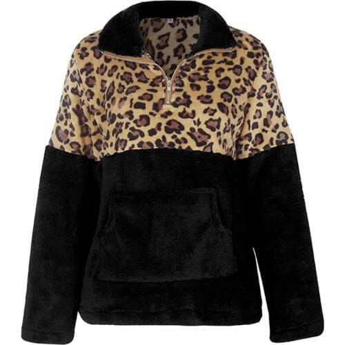 Women Coat Winter Outerwear Fashion Leopard Black Stitching Coats Winter Warm Zipper Long Sleeve Coat Casual Clothing