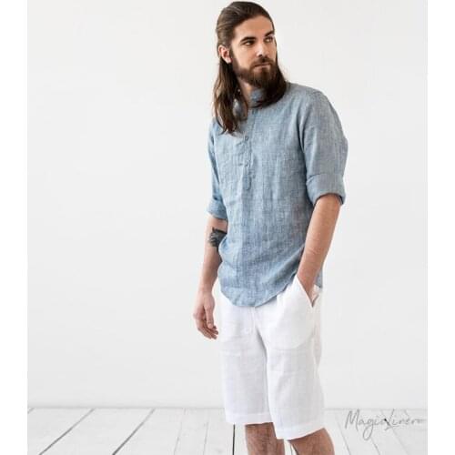 7 VEILS Mens Summer Natural Linen Cotton Suit Two-piece Short-sleeved Pajamas Set with Pant Sleepwear Loungewear Night Shirt