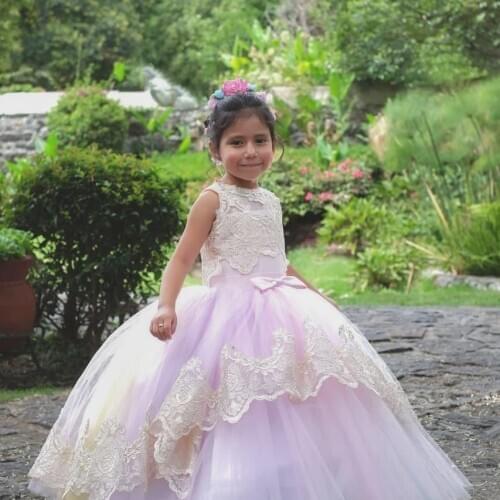Custom Lilac Puffy Tulle Girls Dresses Lace Applique Princess Birthday Dress Wedding Party Dress Christmas Birthday Gown