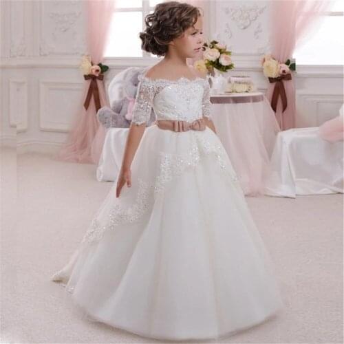 New Flower Girl Dress For Wedding White Ivory Appliques Short Sleeves O-neck First Communion Gowns Vestidos Longo