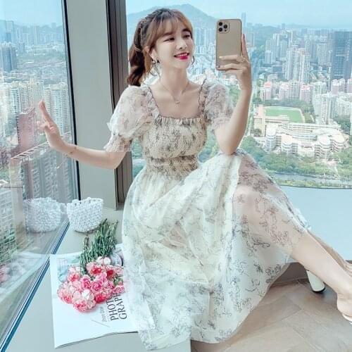 Chiffon Floral Oil Painting Women Dress Summer 2021 New French Square Collar Mesh Dress Sweet Sexy A-line Elastic Waist Vestidos