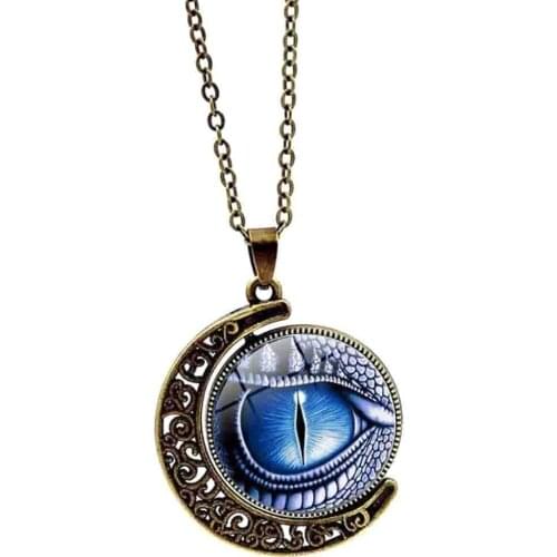 Unisex Rotate Round Dragon Eye Crescent Moon Pendant Long Chain Necklace Couple Jewelry Best Birthday Gift