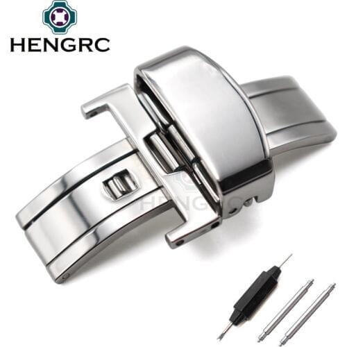 HENGRC 18 20 22 24mm Watch Band Buckle Silver Polished 316L Stainless Steel Deployment Clasp Watchbands Accessories