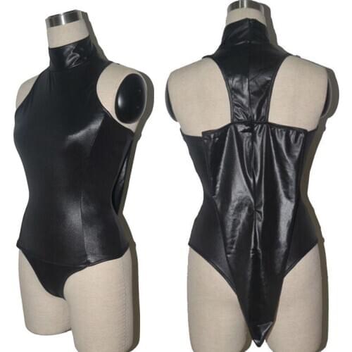 Sexy Women Wet Look High Cut Teddy Bodysuit Arm Restraint Sheath Straitjacket Catsuit Plus Size