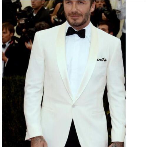 David Beckham White Ivory Groom Tuxedo Satin Shawl Lapel 2 Piece Mens Wedding Prom Dinner Suits (Jacket+Pants) Custom Made